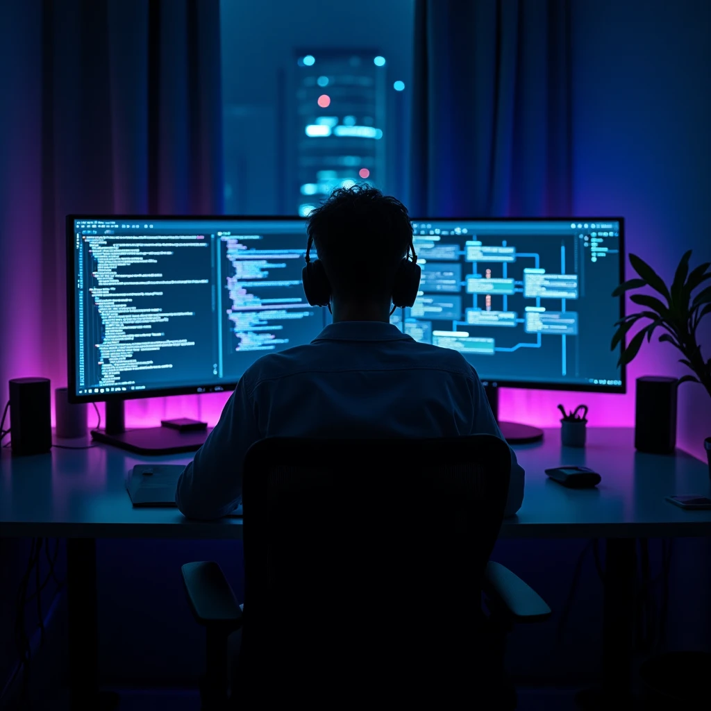 A developer at a desk surrounded by open-source code terminals and agent workflow diagrams