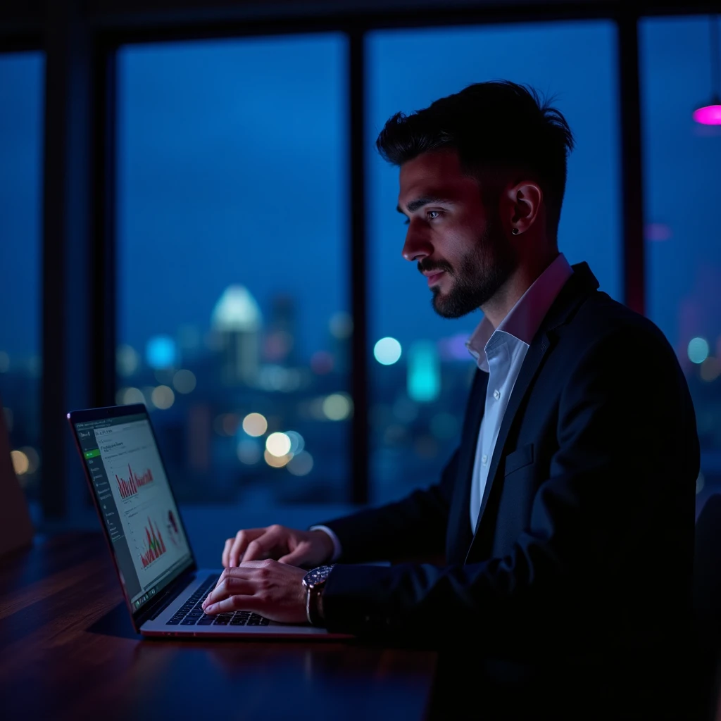 Business owner in Manchester reviewing AI agent output on a laptop in a modern co-working space
