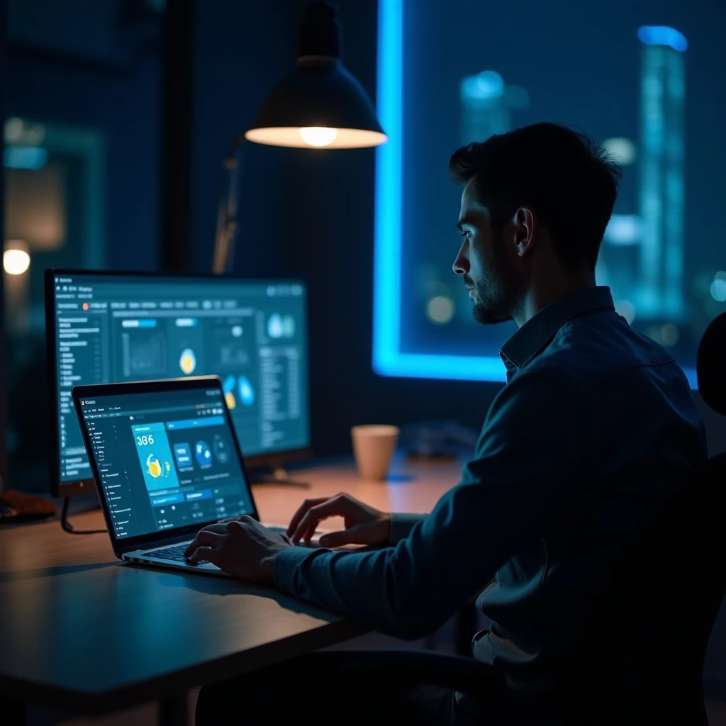 A UK small business owner reviewing automation workflows on a laptop in a modern office