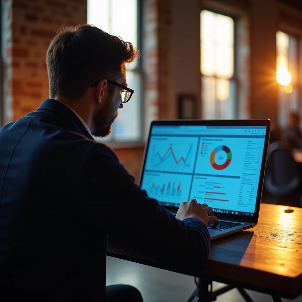 Manchester business owner reviewing chatbot analytics on laptop in Northern Quarter office