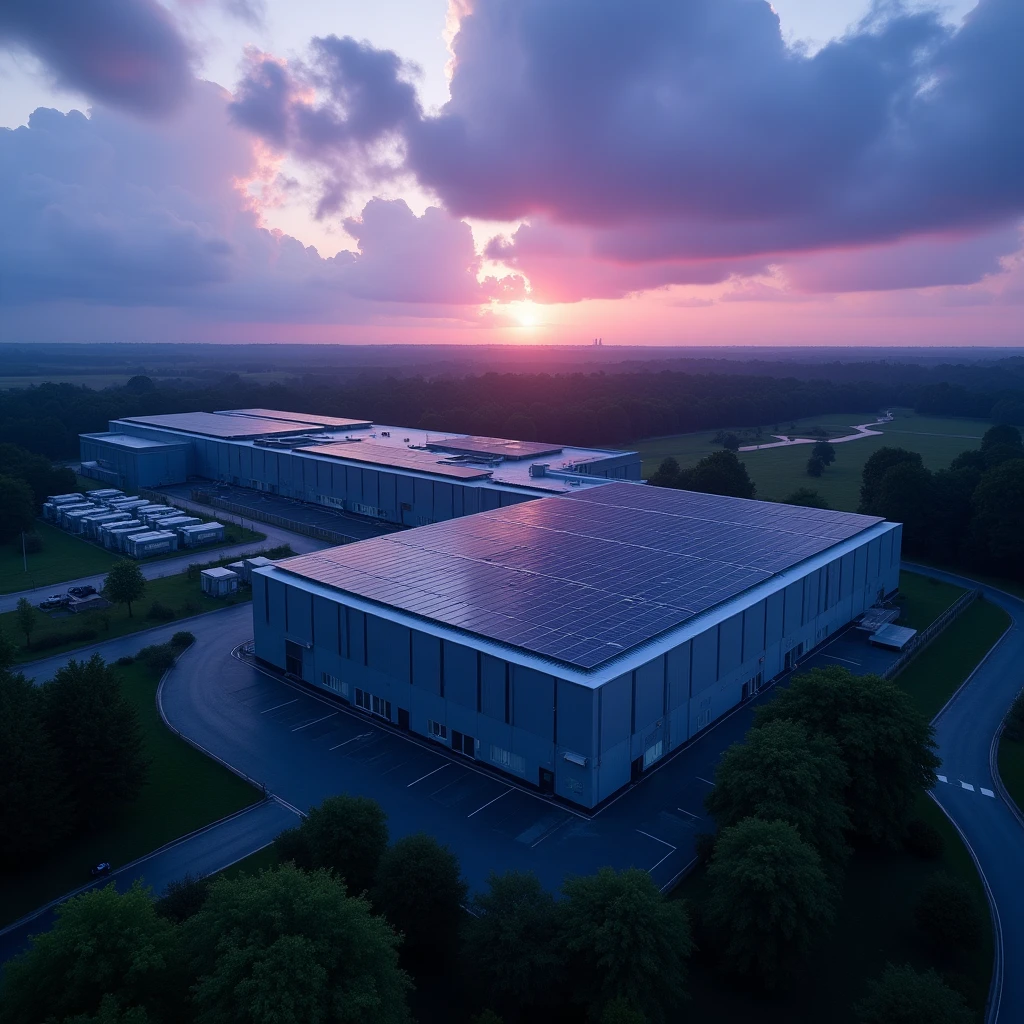 An aerial view of a modern UK data centre with solar panels