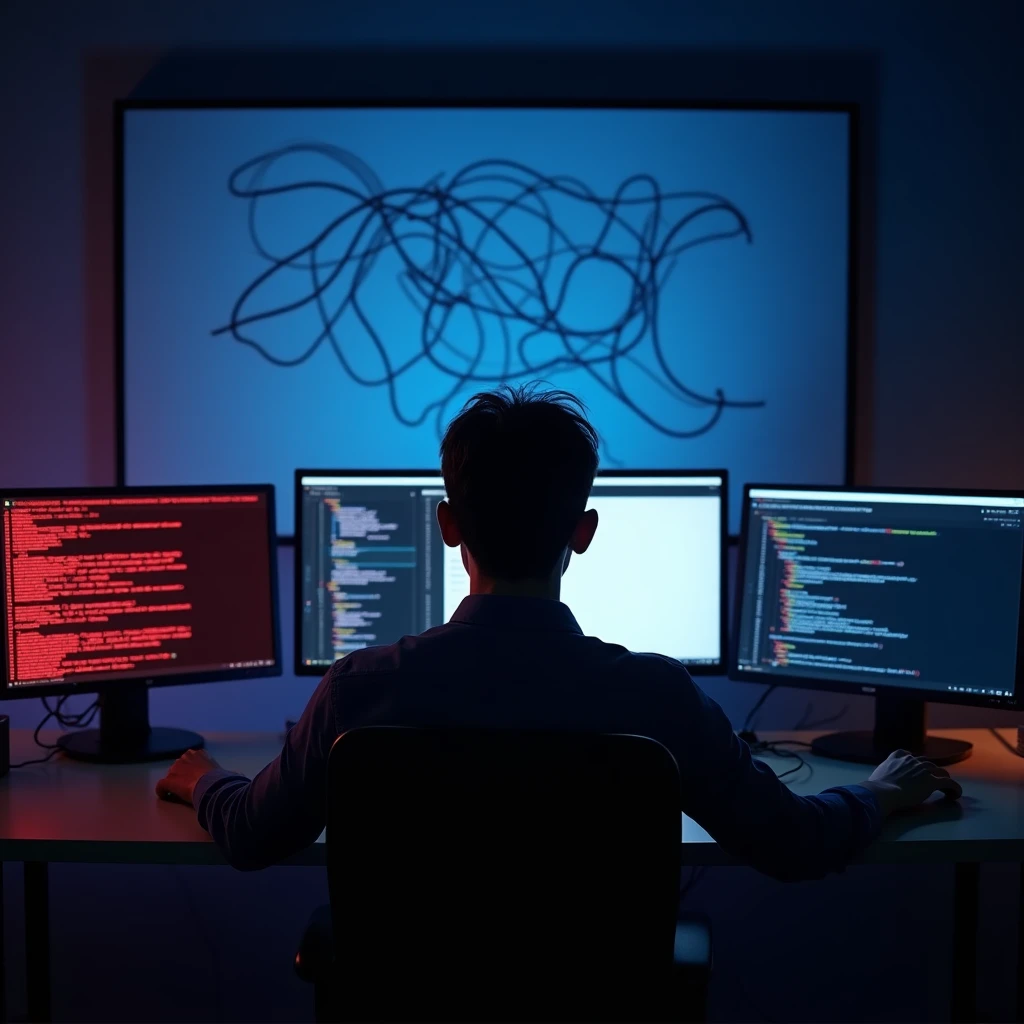 A developer surrounded by multiple screens showing terminal windows, integration configuration panels and error messages