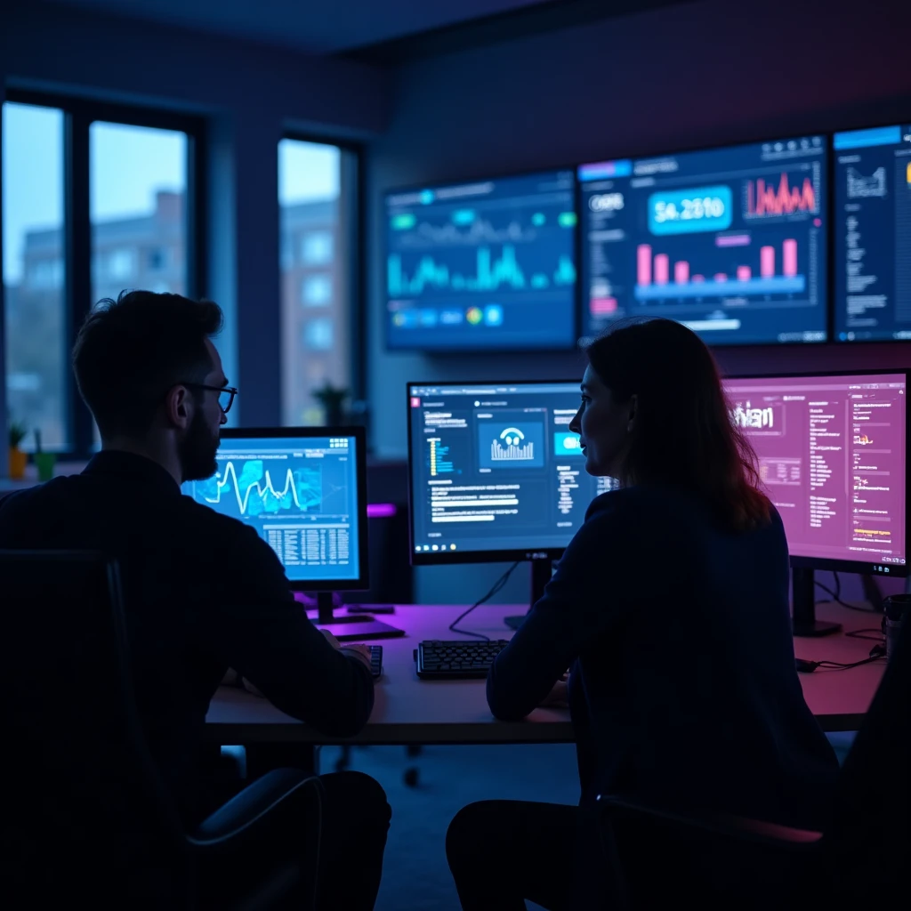 A dark modern operations desk with multiple monitors showing workflow dashboards, blue and purple ambient lighting, cinematic office photography, no text or signage