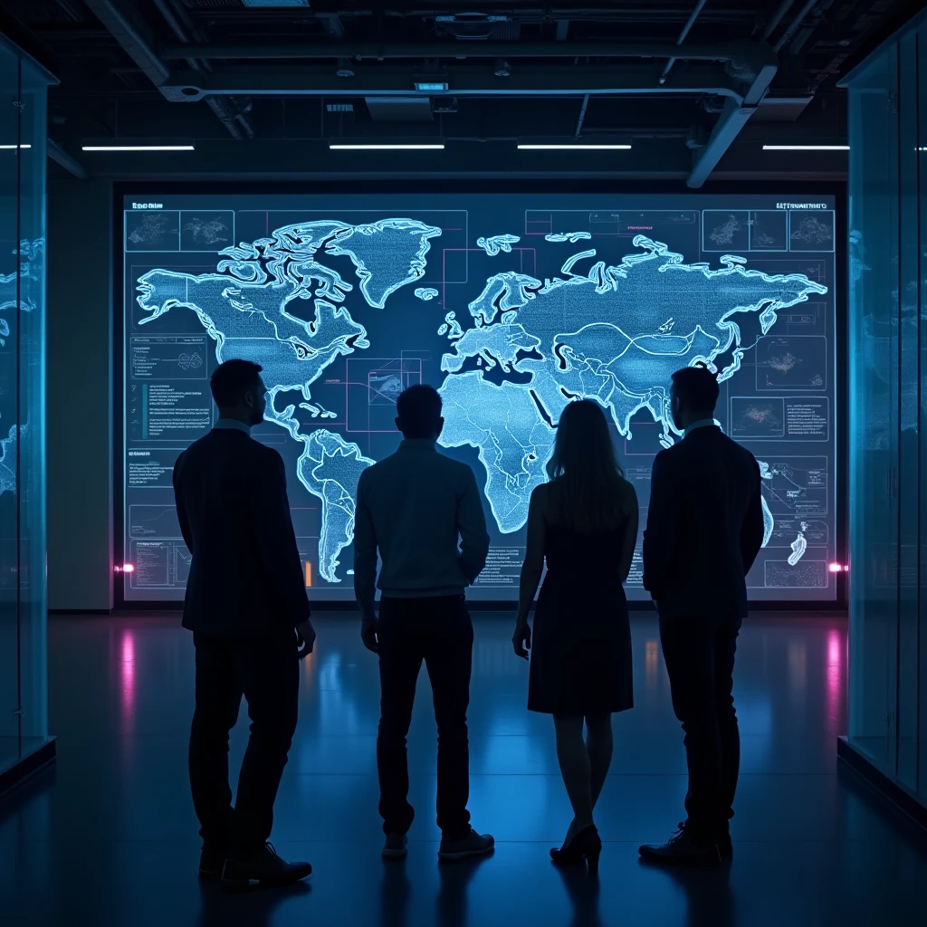 A professional UK business team reviewing automated workflows on glass screens in a dark office, blue and purple accents, cinematic composition, no text or numbers