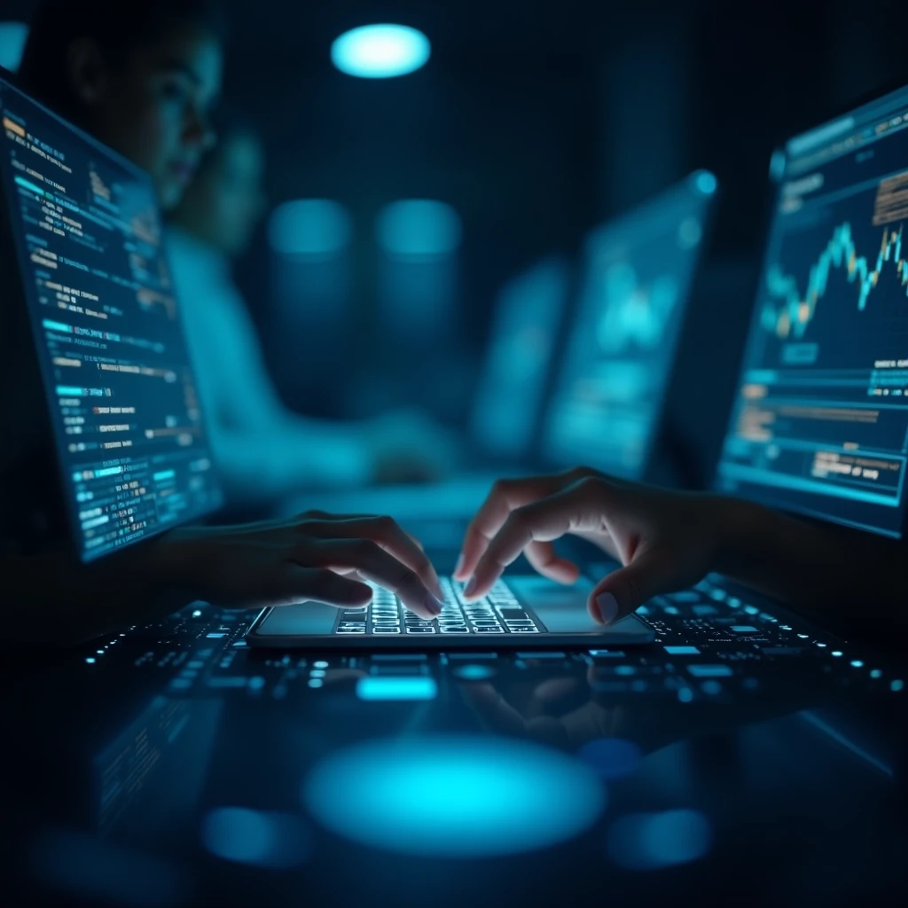 A close-up of hands managing connected business systems and AI-driven workflow nodes in a premium dark digital environment, blue light reflections, editorial style, no text