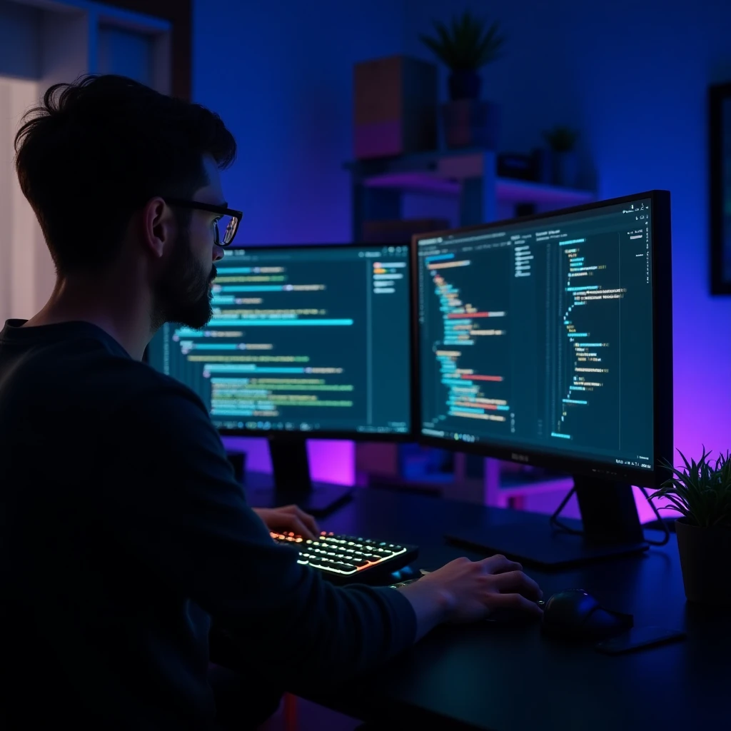 A focused AI coding assistant planning a small task on one monitor while another screen shows a compact, clean context dashboard in blue and purple light