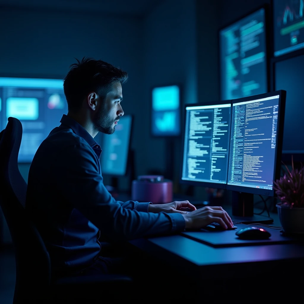 A senior engineer and an AI coding assistant switching between a high-powered planning workspace and a lighter execution workspace in a cinematic studio environment