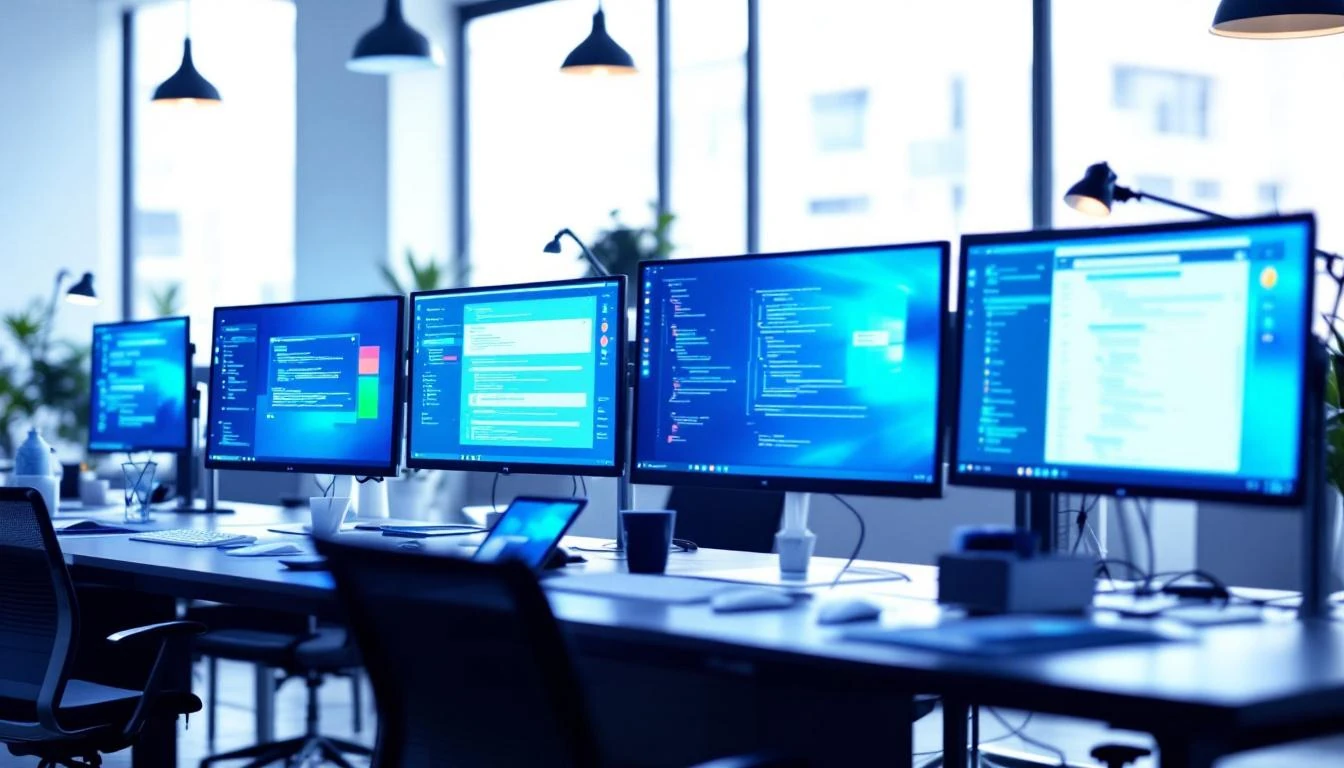 Professional workspace with multiple monitors showing startup development planning