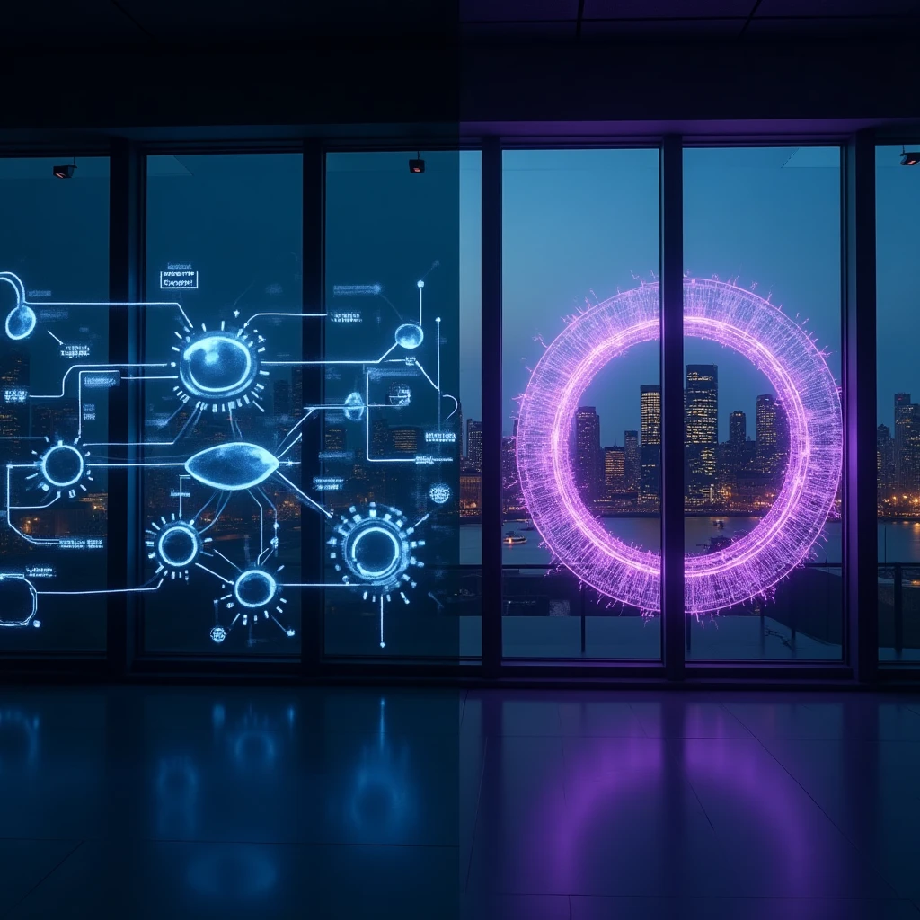 A split visual showing a rigid flowchart on one side and an adaptive AI agent reasoning loop on the other, set against a Manchester cityscape backdrop